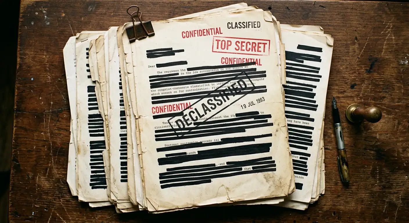 Documente desecretizate cu ștampilă CLASSIFIED și sigla CIA, reprezentând documentele MKUltra făcute publice în anii 1970