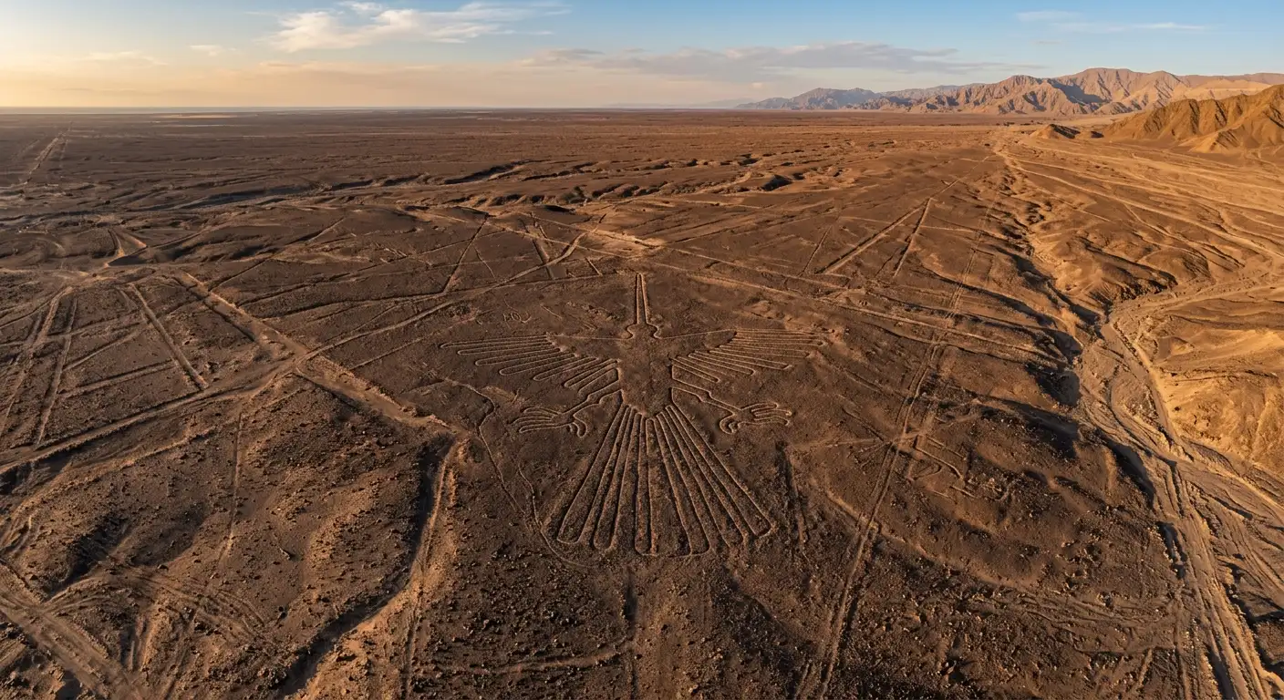 Vedere aeriană a liniilor Nazca din Peru cu figuri geometrice și geoglife gigantice trasate pe solul deșertului