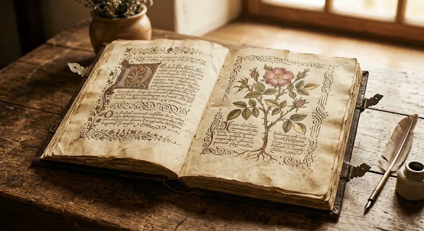 Pagini ale Manuscrisului Voynich cu scriere necunoscută și ilustrații botanice misterioase pe pergament vechi