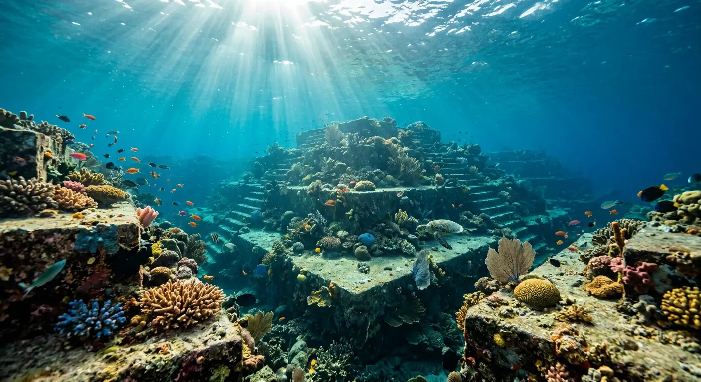 Monument subacvatic Yonaguni din Japonia cu terase de piatră geometrică și scufundător lângă formațiune