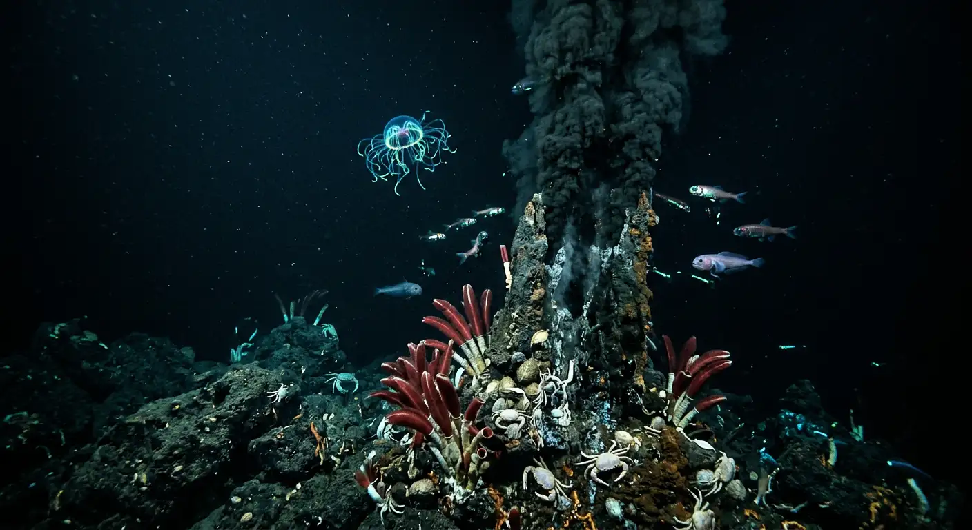 Ecosistem hadal din fosa oceanică cu organisme bioluminescente, guri hidrotermale și creaturi abisale rare