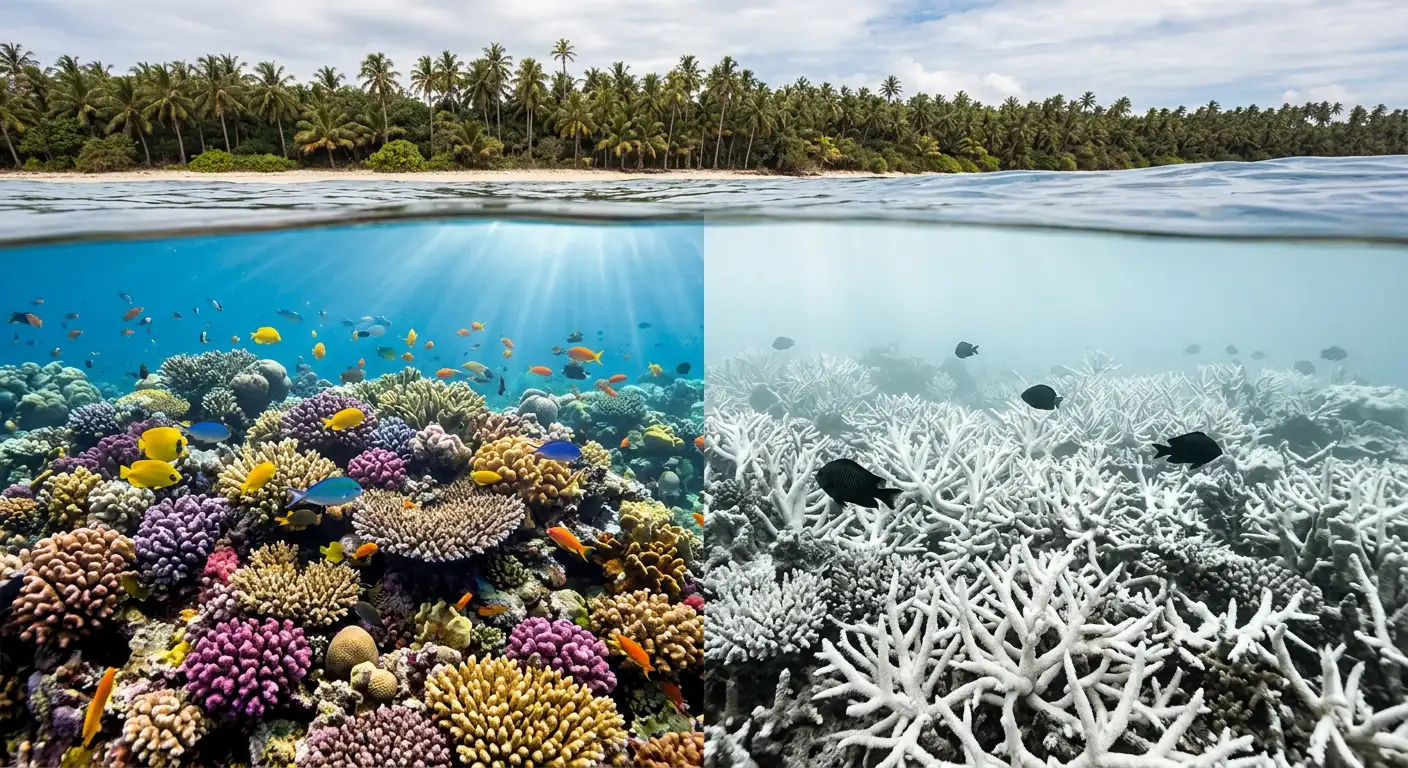 Comparare subacvatică între recife de corali colorate sănătoase și zone albe de corali morți albiți