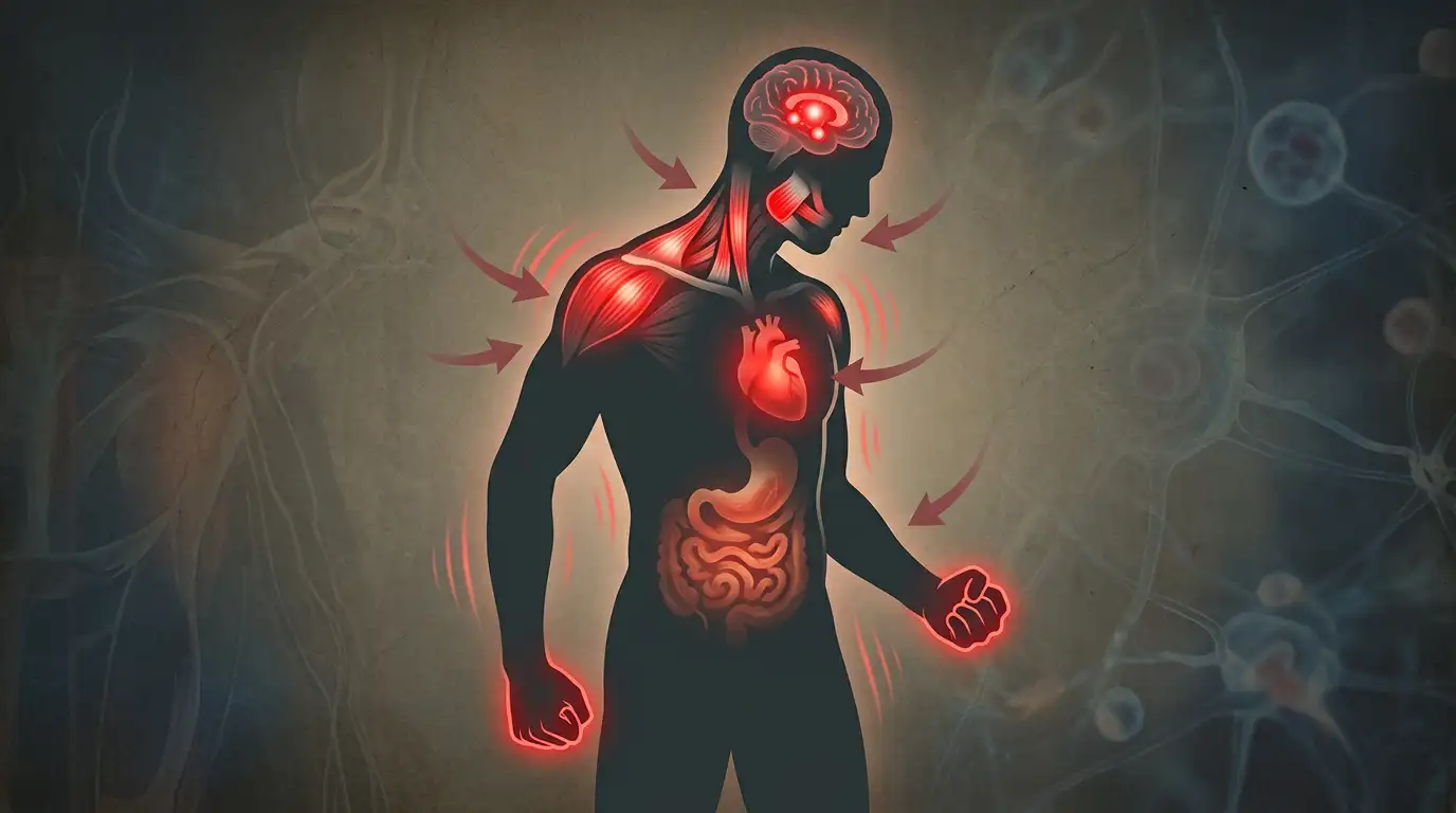 Ilustrație medicală conceptuală a efectelor stresului cronic asupra corpului uman cu sisteme evidențiate