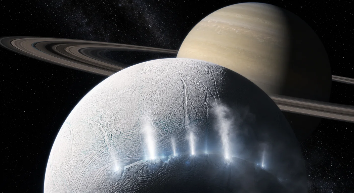 Luna înghețată Enceladus a lui Saturn cu gheizere de vapori de apă țâșnind din fracturile polului sud pe fundalul inelelor planetei, artă științifică cosmică