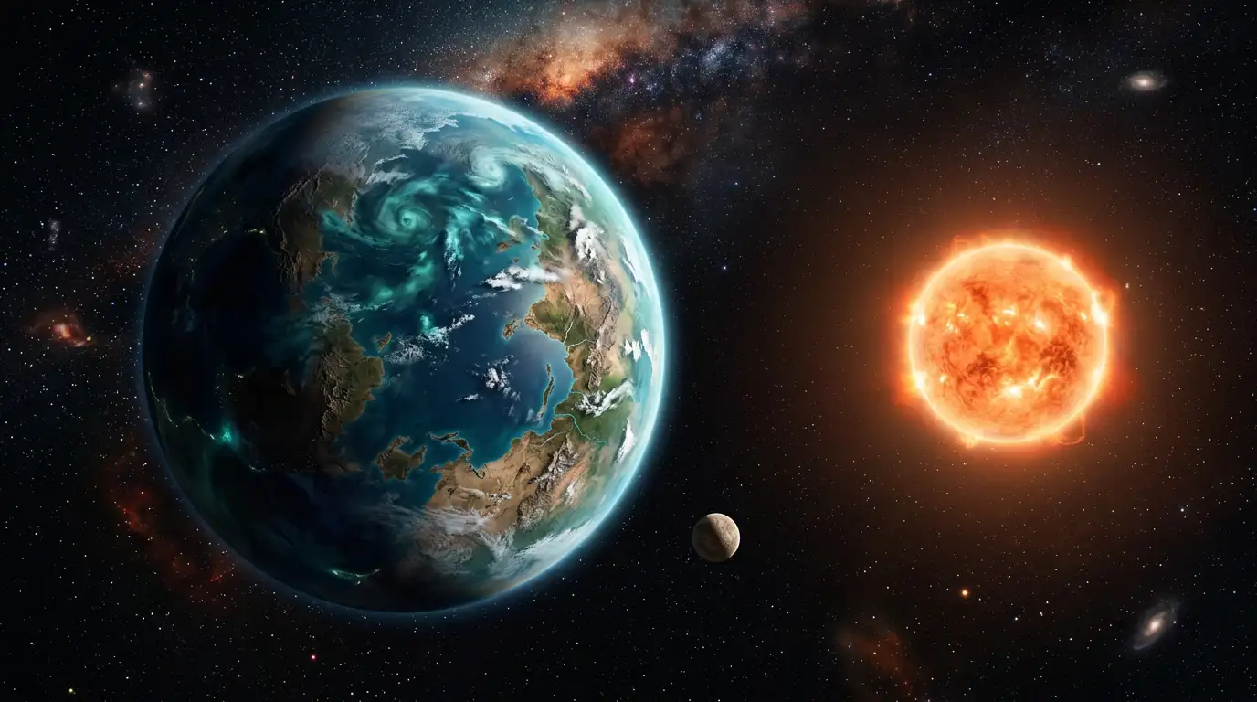 Ilustrație artistică a unei exoplanete rocoase cu oceane și atmosferă, orbitând în zona locuibilă a unei stele pitice roșii