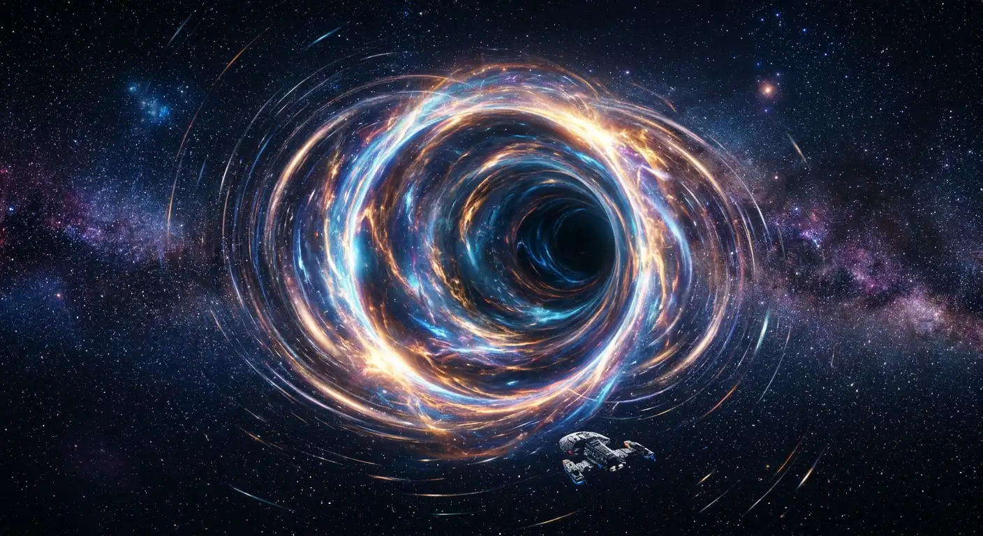 Reprezentare artistică a unei găuri de vierme cu curbură spațiu-timp vizibilă, stele distorsionate și tunel luminos între două universuri