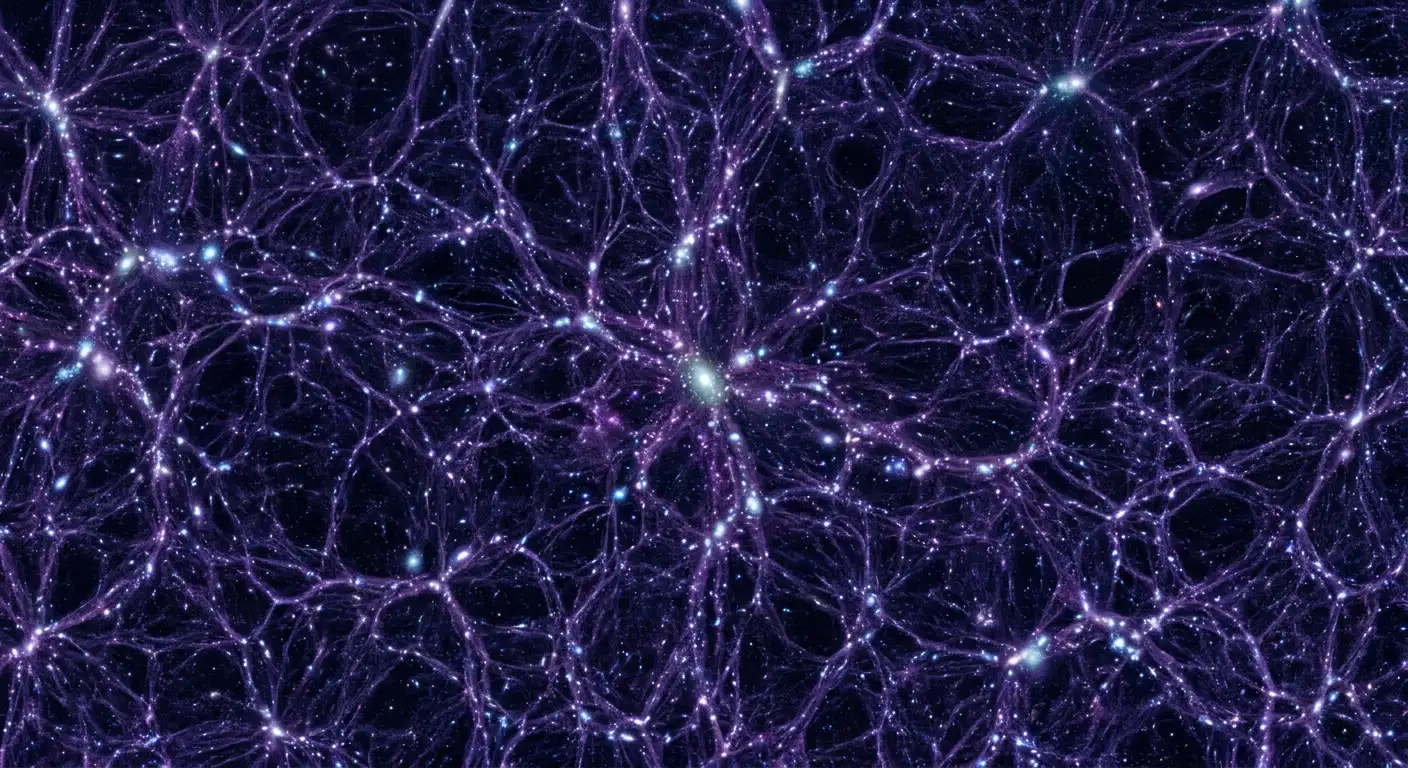 Reprezentare artistică a materiei întunecate sub formă de rețea filamentoasă cosmică conectând galaxii în spațiu profund