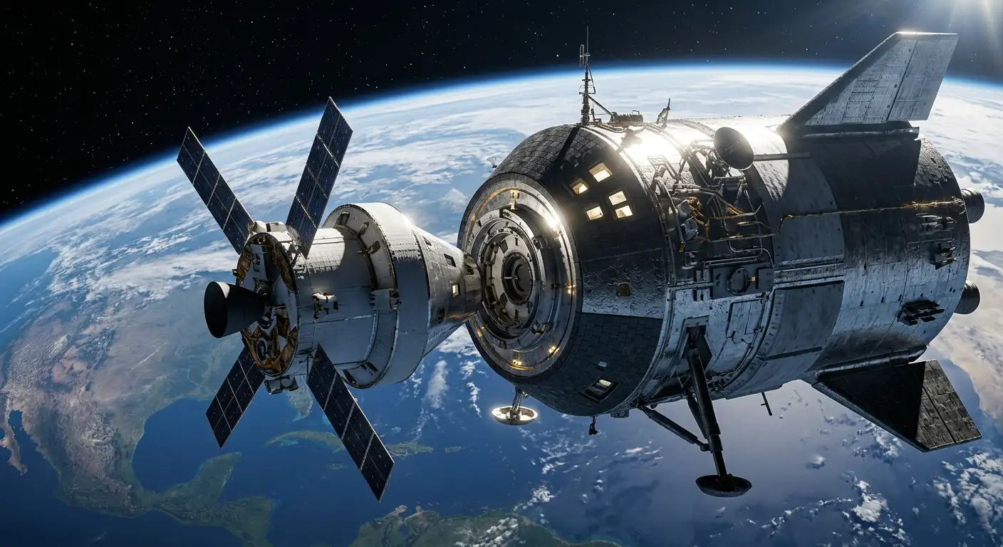 Capsula Orion andocată cu landerul lunar Starship HLS în orbita Pământului, cu Luna vizibilă în fundal