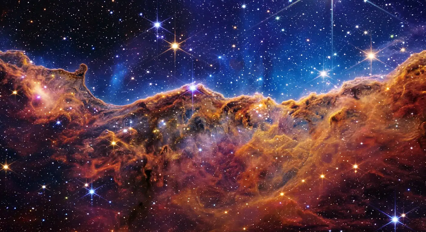 Nebuloasa Pillars of Creation cu coloane de praf cosmic și stele strălucitoare, în stilul imaginilor James Webb