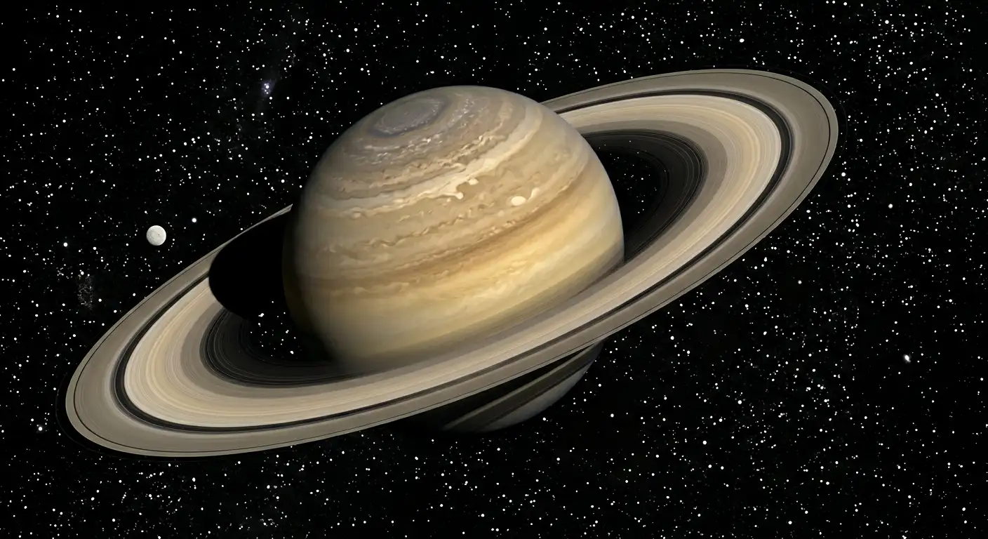 Planeta Saturn cu sistemul de inele complet vizibil și câteva luni în fundal, imagine în stil NASA Cassini