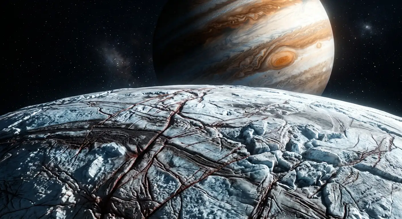 Suprafața înghețată cu linii a lunii Europa cu planeta Jupiter enormă în fundal, artă spațială realistă