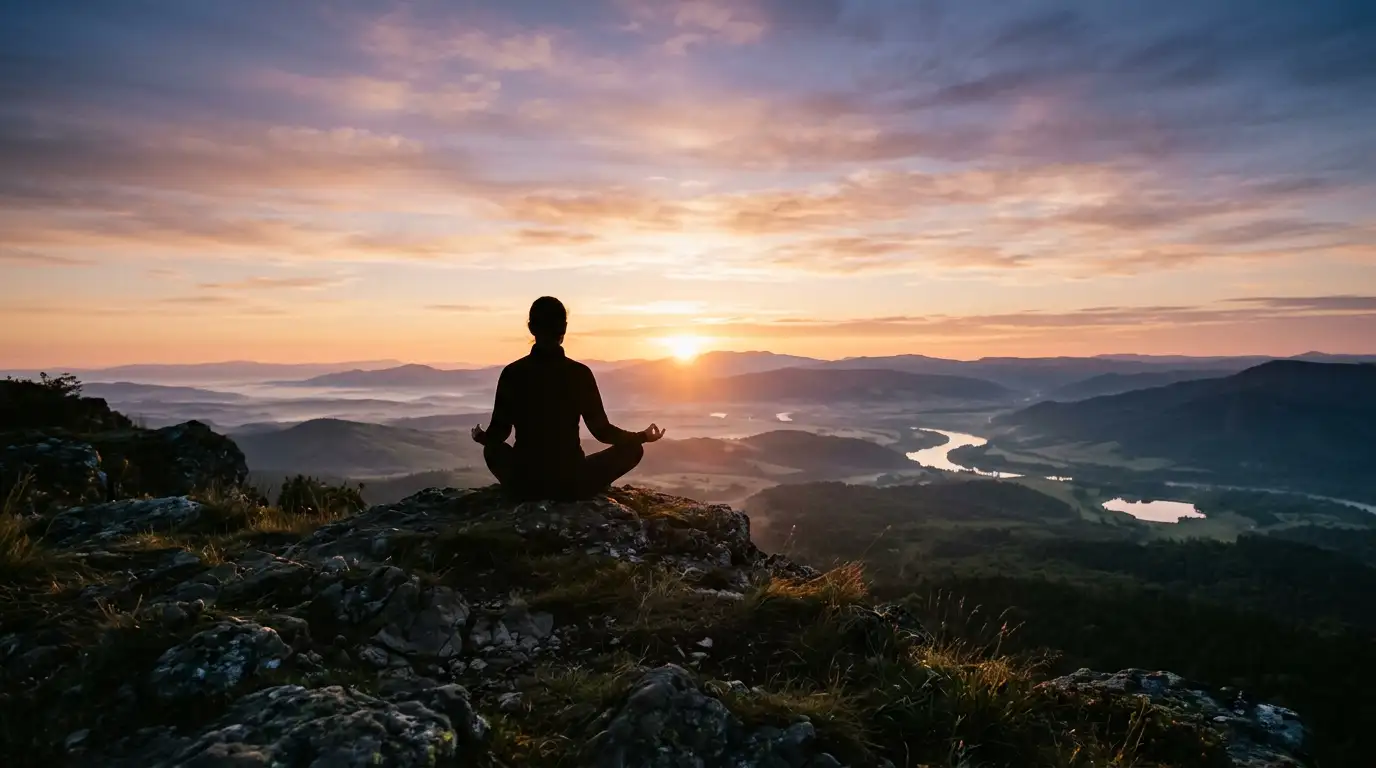 Persoană meditând pașnic la răsărit pe un deal cu vedere largă, atmosferă senină