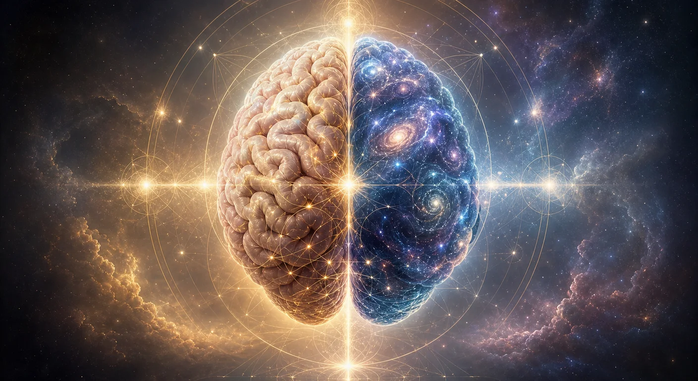 Reprezentare simbolică a echilibrului dintre spirit și materie: un creier uman din care emană lumină și forme geometrice, jumătate biologic, jumătate cosmic, artă conceptuală