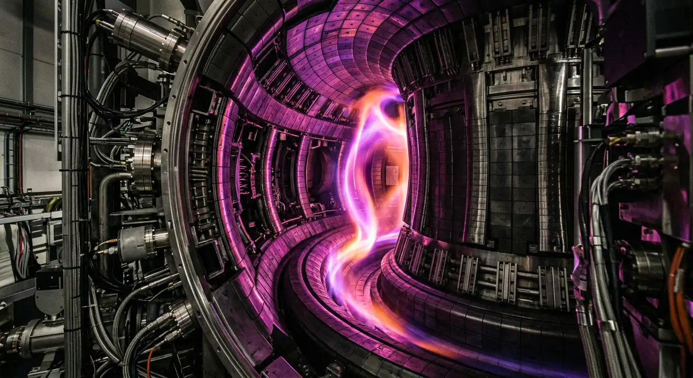 Interiorul unui reactor tokamak de fuziune nucleară cu plasmă strălucitoare și bobine magnetice