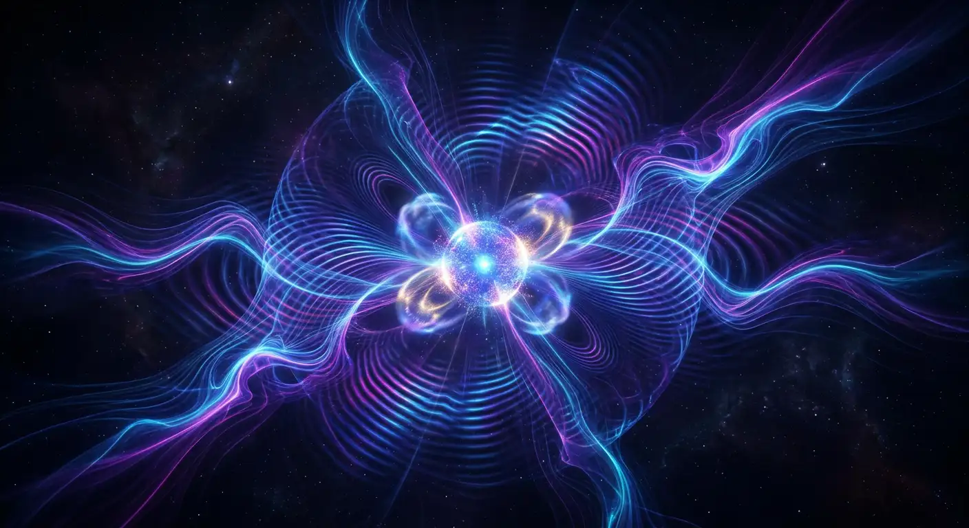 Reprezentare artistică a unei particule subatomice în superpoziție cuantică, cu unde de probabilitate colorate pe fundal întunecat