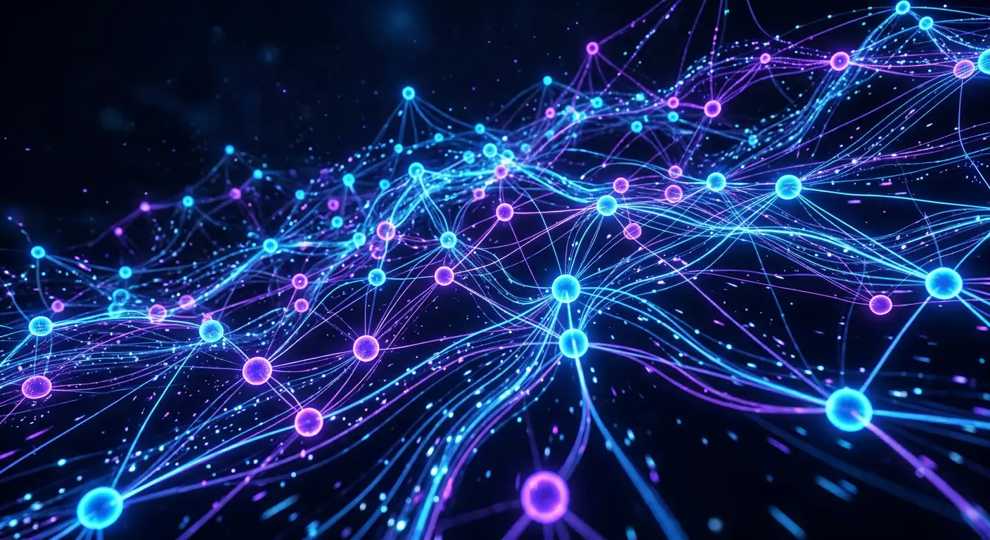 Reprezentare grafică a unei rețele neuronale artificiale cu noduri interconectate și fluxuri de date colorate